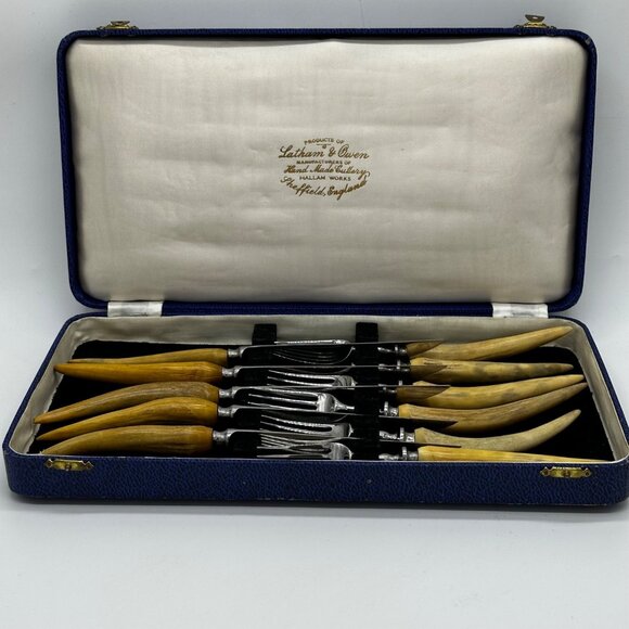 Sheffield Latham Owen Rustic Antler Horn Handle Steak Knives Forks Cased Set 11 - Picture 2 of 16